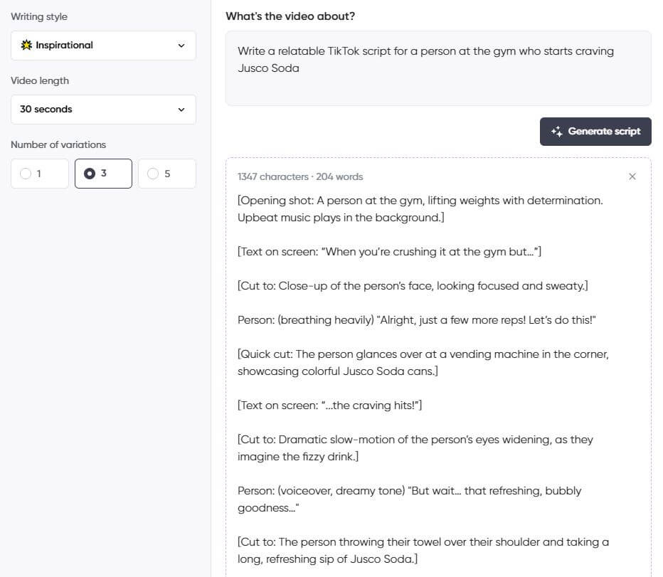 Screenshot of a script generator interface showing an inspirational 30-second TikTok script about a gym-goer craving Jusco Soda after a workout.