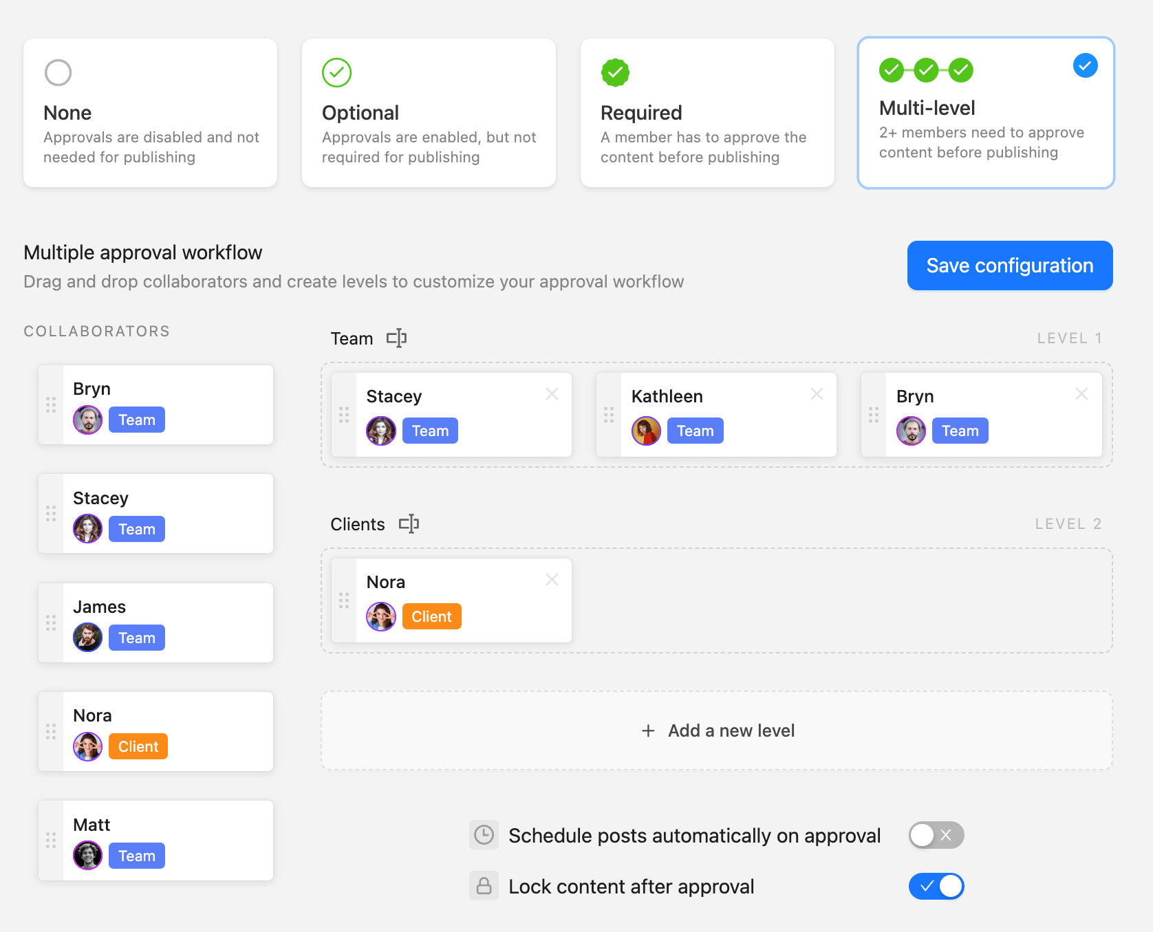 Multi-level approval workflow and permissions setup in Planable, showing different approval options (None, Optional, Required, Multi-level) with a configured multi-level approval process involving team members and clients across two levels.