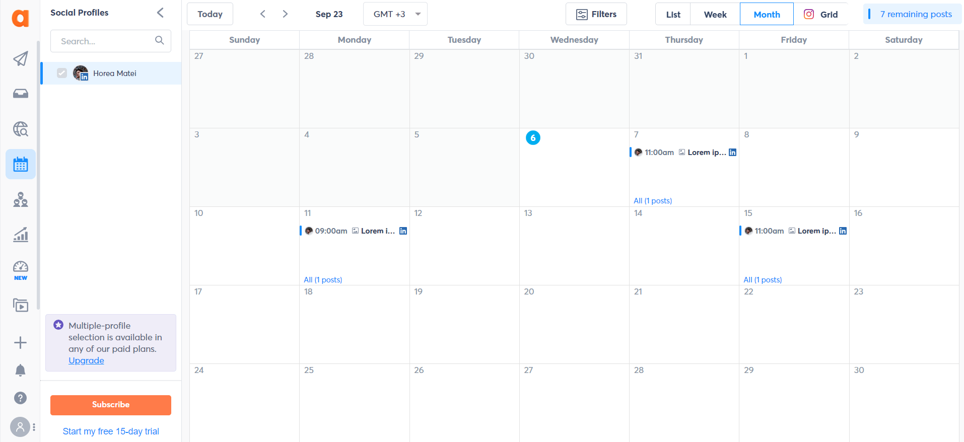 Monthly social media calendar in Agorapulse showing scheduled LinkedIn posts for September.