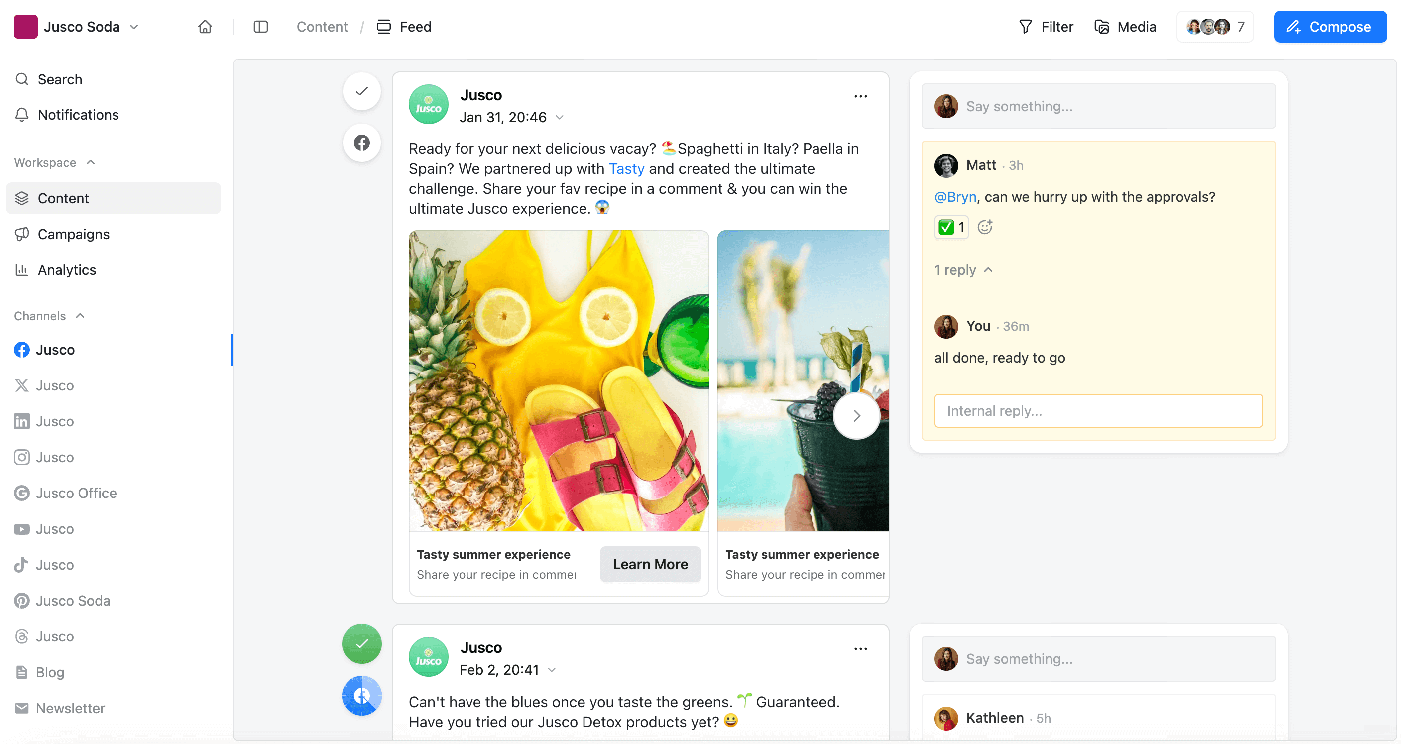 Planable feed view showing a Facebook post and team collaboration through comment-based feedback and approvals.
