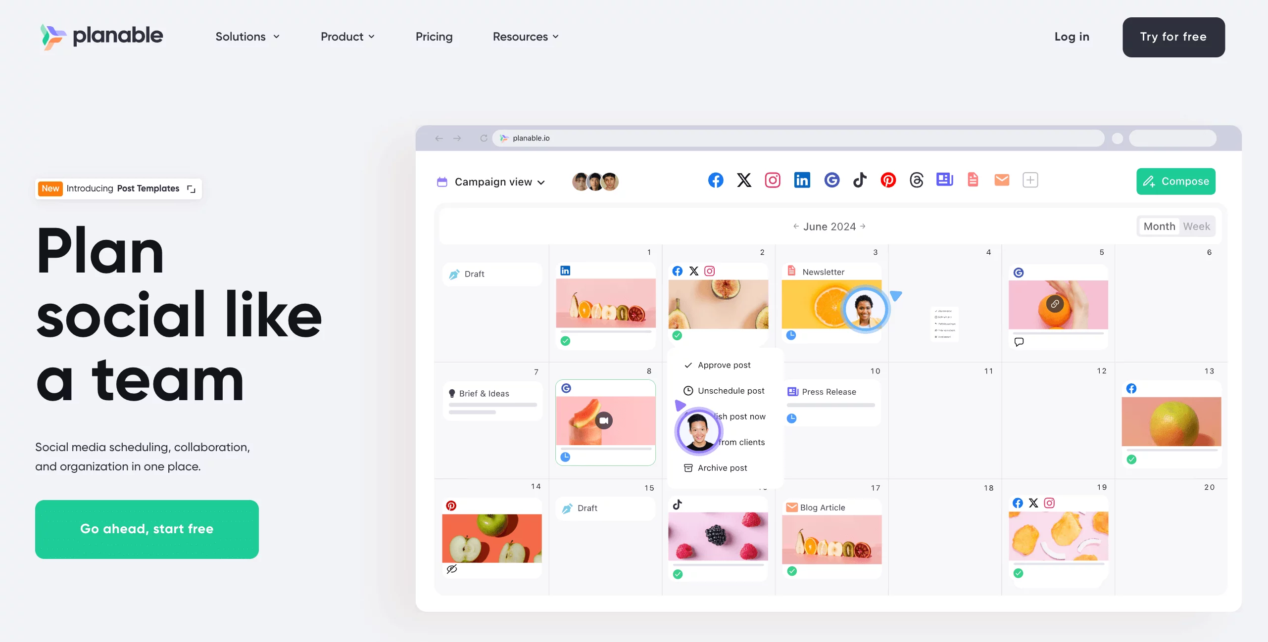 Planable's homepage showing a content calendar with multiple social media platforms and features like drag and drop posts, collaboration, approval and scheduling
